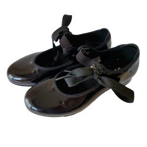 Bloch Black Vegan Patent Leather Tap Dance Shoes Girls Kid Size 1M Ribbon